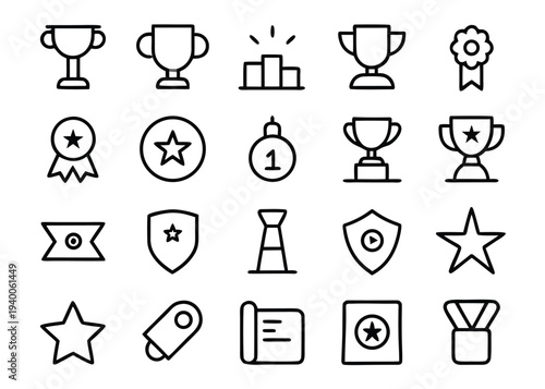 Twenty black outline icons for excellence and awards including tiered podiums and trophies are shown in a grid on a white background.