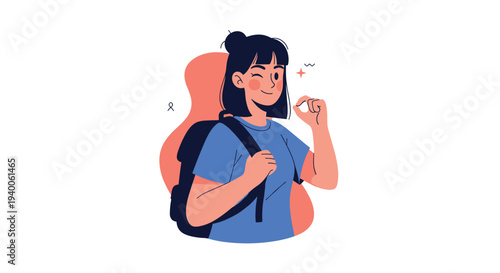 Cute girl with backpack and guitar case winking and making okay sign while posing against warm abstract background in modern style.