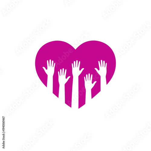 Minimalist pink heart logo with five uplifted white hands. Hand-drawn flat design representing charity, teamwork, and community support. Clean icon for non-profits and empathy.