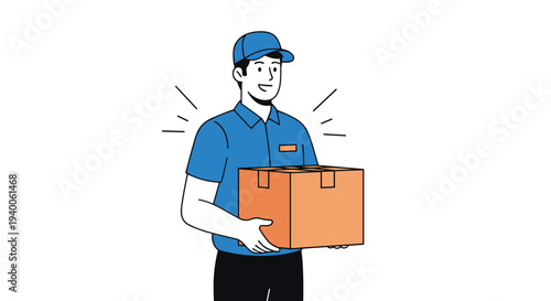 Friendly delivery man in blue uniform and cap carrying large cardboard box package and smiling for quick and reliable service.