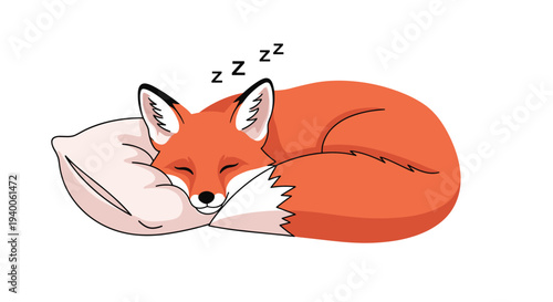 Cute orange fox sleeping peacefully curled up on soft pink pillow with small sleep symbols floating above its head on white background.