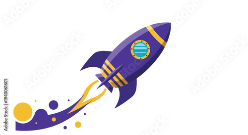 Purple space rocket with yellow accents is blasting off into the sky with a trail of smoke and fire behind it for a startup.