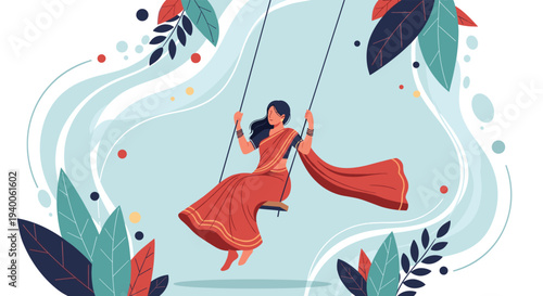 Beautiful woman wearing a traditional red saree is sitting on a wooden swing surrounded by colorful artistic floral leaves.