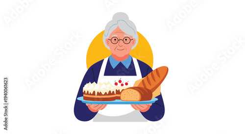 Friendly senior woman wearing glasses and an apron is holding a tray filled with freshly baked cakes and loaves of bread.