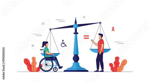 Large blue justice scale balances a woman in a wheelchair and a man to symbolize social equality and accessibility for all.