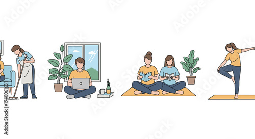 Group of people engaged in different daily activities at home including cleaning, working on a laptop, reading, and yoga.