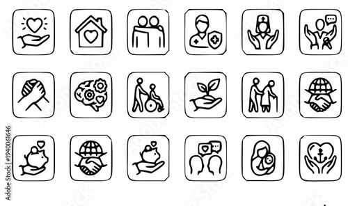 Modern social support icon set collection featuring care and community symbols in outline style vector graphic design for healthcare and non-profit organizations.