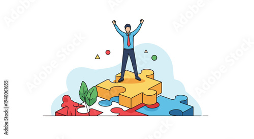 Successful businessman stands triumphantly on top of a completed jigsaw puzzle mountain to represent problem solving.