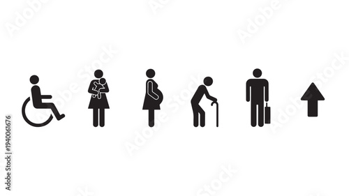 People icons diverse group including wheelchair user, mother with baby, pregnant woman, elderly man, businessman, and upward arrow
