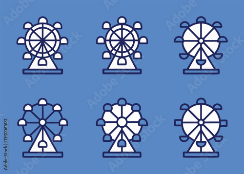 A minimalist collection of six identical ferris wheel icons with white passenger cars and dark blue frames organized in two rows against a blue background.