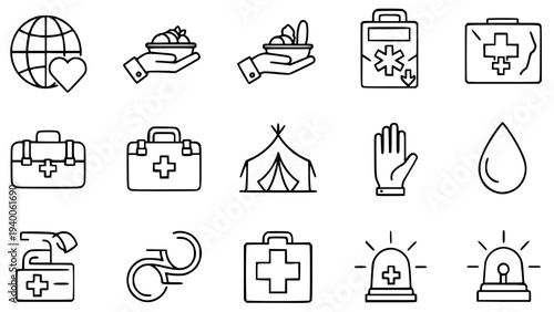 First aid kit and medical relief vector icons collection for emergency