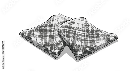 Two folded grey and white plaid fabric pieces are shown in a monochrome style, suitable for handkerchiefs or napkins.