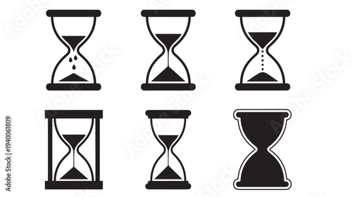 Hourglass icons set with different sand flow styles and frame designs, black on white background featuring time, timer, clock with measurement and