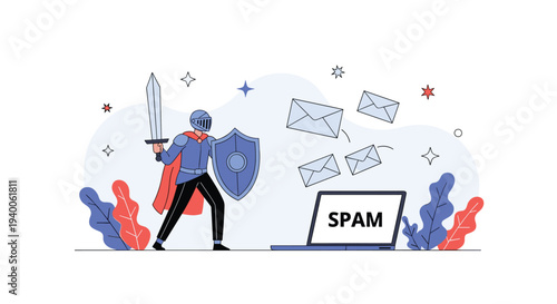 Medieval knight in armor with a sword and shield defends a laptop computer from a swarm of unwanted spam emails.
