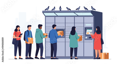 Group of diverse people are standing in line to collect their packages from a modern automated parcel locker system.