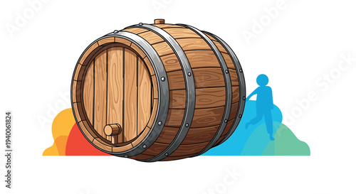 Large traditional wooden barrel with metal hoops is depicted in a high detail illustration against a colorful background.