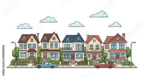 Picturesque row of colorful suburban houses with yards and cars is shown under a blue sky with fluffy white clouds.