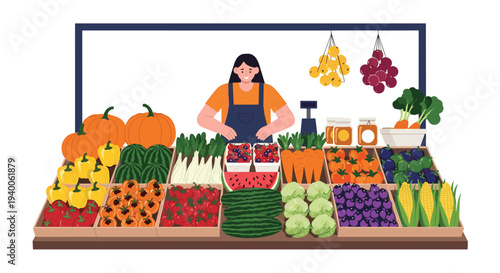 Smiling woman stands behind a market stall overflowing with a colorful variety of fresh organic fruits and vegetables.