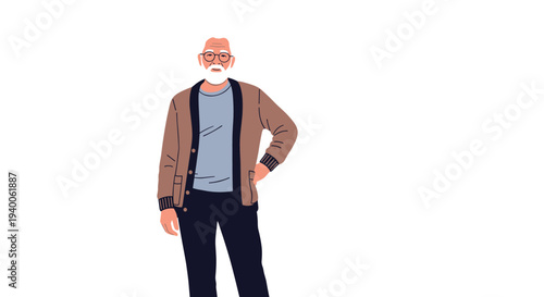 Distinguished senior man with a white beard and glasses is wearing a stylish brown cardigan and dark trousers.