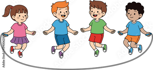 Happy diverse group of children jumping rope together vector illustration set isolated on white background for school sports fitness childhood play and physical education themes.