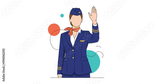 Professional female flight attendant in a blue uniform and cap is giving a welcoming hand salute with a smile.