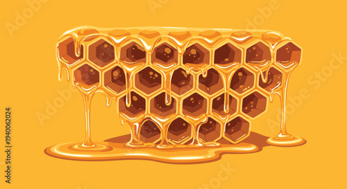 Golden honeycomb structure is shown with thick, sweet honey dripping down from the hexagonal cells on a yellow background.