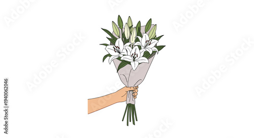 Person's hand holds a beautiful bouquet of white lily flowers wrapped in paper, ready to be given as a thoughtful gift.
