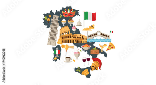 Detailed map of Italy is filled with iconic cultural symbols including the Colosseum, pizza, pasta, and leaning tower.