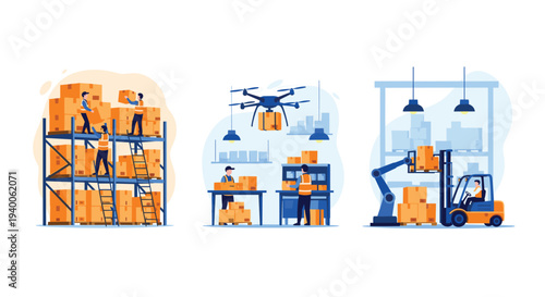 Warehouse workers manage logistics using modern technology including delivery drones, forklifts, and robotic automation systems.