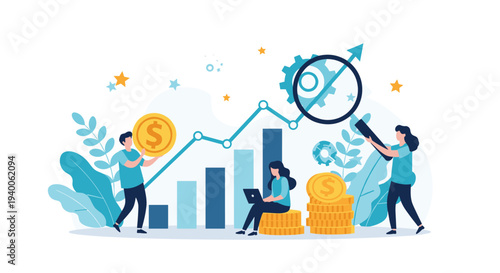 Business team analyzes financial data for success while standing near gold coins, bar charts, and a large rising growth arrow.