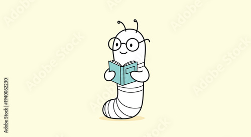 Cute cartoon bookworm wearing round glasses is happily reading a blue book while standing against a warm yellow background.