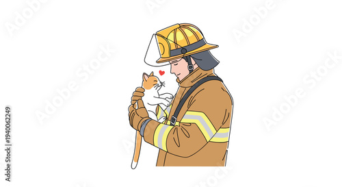 Brave firefighter wearing a protective helmet and uniform gently holds a rescued ginger cat with a small red heart symbol.