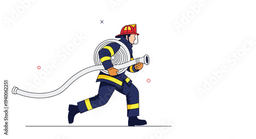 Firefighter in a dark uniform runs quickly across the frame while carrying a rolled white fire hose for an emergency response.