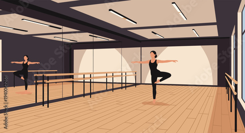 Graceful ballerina practices her dance moves in a professional ballet studio with large mirrors, wooden floors, and wall bars.