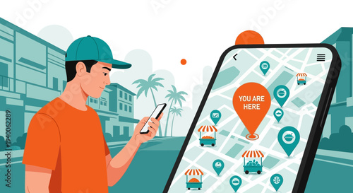 Delivery man using smartphone app for food delivery navigation on city street