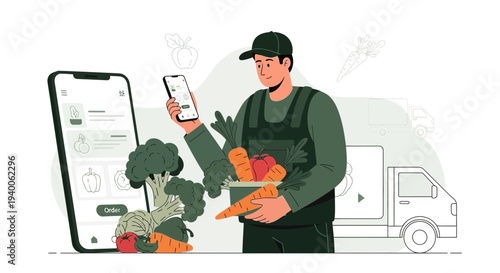 Delivery man with fresh vegetables and smartphone app, online grocery shopping concept