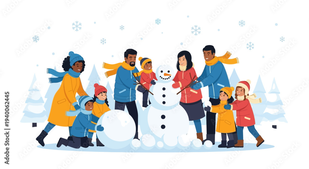 Fototapeta premium Diverse Family Building Snowman Together in Snowy Winter Landscape