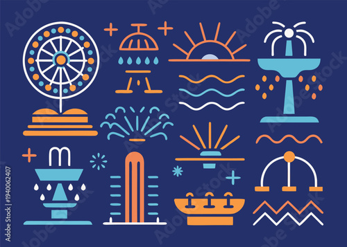 Twelve icons showing different water fountains and irrigation systems with orange and light blue line work are positioned on a dark blue surface.