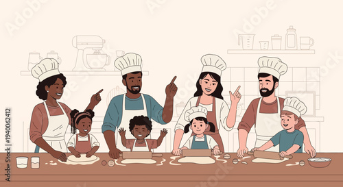 Diverse Family Baking Together: Parents and Children Enjoying Cooking Class Fun