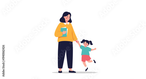 Mother walks hand in hand with her happy young daughter who is skipping alongside her in a simple and heartwarming illustration.