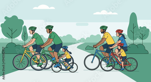 Diverse family cycling together on a scenic park path, enjoying outdoor leisure and healthy lifestyle.