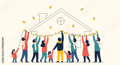 Diverse Family Decorating House with Christmas Lights for Holiday Season