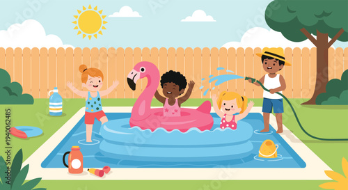 Group of happy children play in a blue inflatable backyard pool with a pink flamingo floaty on a sunny summer day in the garden.