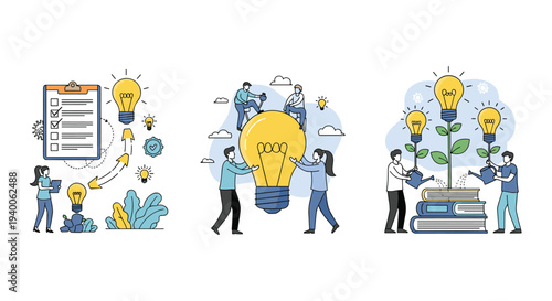 Business professionals collaborate on ideas using light bulbs, checklists, and watering cans in a series of conceptual panels.