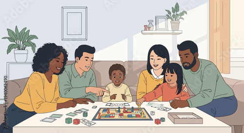 Diverse Family Playing Board Game Together Indoors, Enjoying Quality Time