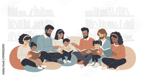 Diverse family reading books together in a cozy library, promoting education and bonding.
