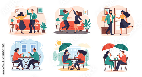 Multiple panels show diverse couples dancing, talking at a cafe, and sharing umbrellas in different weather and social settings.