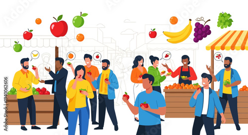 Diverse people enjoying fresh fruits at a vibrant outdoor market stall