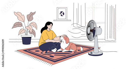 Woman sits on a decorative rug and pets her dog while enjoying the cool air from an electric fan in a cozy home environment.