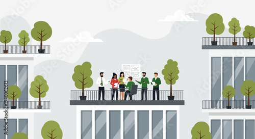 Diverse team meeting on office balcony with green plants, brainstorming ideas